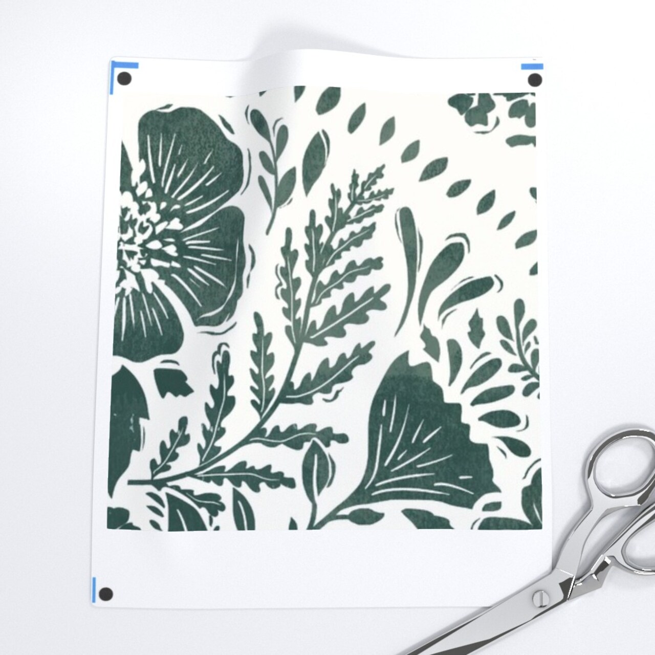 Dark Teal Floral Block Print Botanical Cottagecore Linocut Moody Scalloped Flowers Custom Printed Fabric by Spoonflower Various Fabrics by the Yard or Fat Quarter